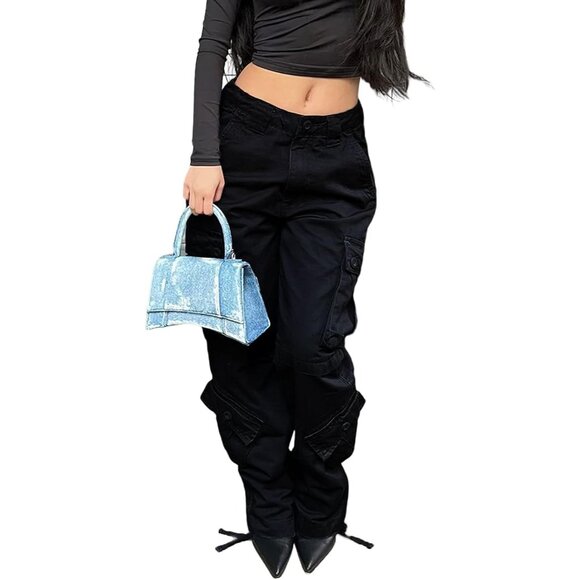 Women High Waisted Cargo Jeans Wide Leg Baggy Streetwear Denim Pants - Picture 7 of 7